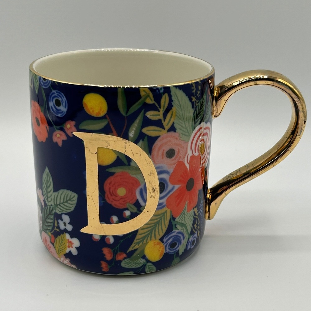 Rifle Paper Co Anthropologie Monogram Initial D Floral Navy Gold Coffee Mug Boho